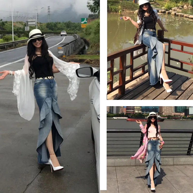 

Spring Summer Vintage Retro Sexy Asymmetrical Ruffle Fishtail Mermaid Female Long Maxi Skirt Denim Korean Fashion Jeans
