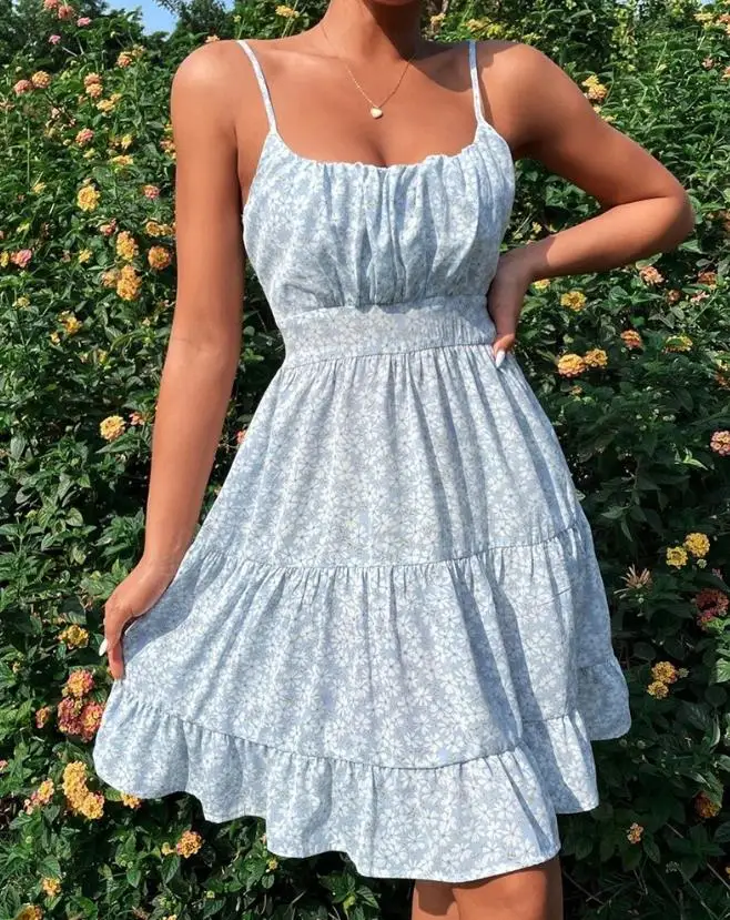 

Dresses for Women 2023 Summer Sweet Casual Vacation Daily Ditsy Floral Print Ruched Ruffle Hem Lady Fashion Mini A Line Dress