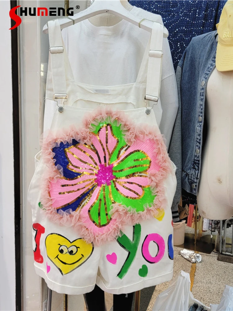 

Casual High Waist Short Jean Jumpsuit Women 2022 Summer Loose Mesh Stitching Flower Sequins Short Denim Suspender Pants Feminino