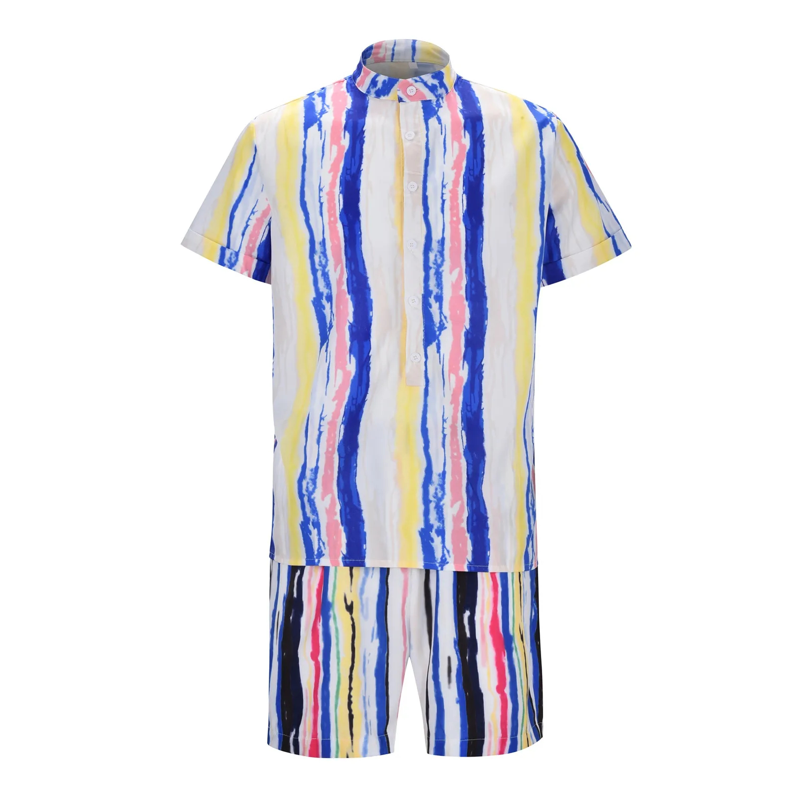 Men Color Block 2 Piece Suit Deep V-Neck T-Shirt+Shorts Breathable Male Set Beach Ropa Hombre Beachwear Vacation Conjuntos New