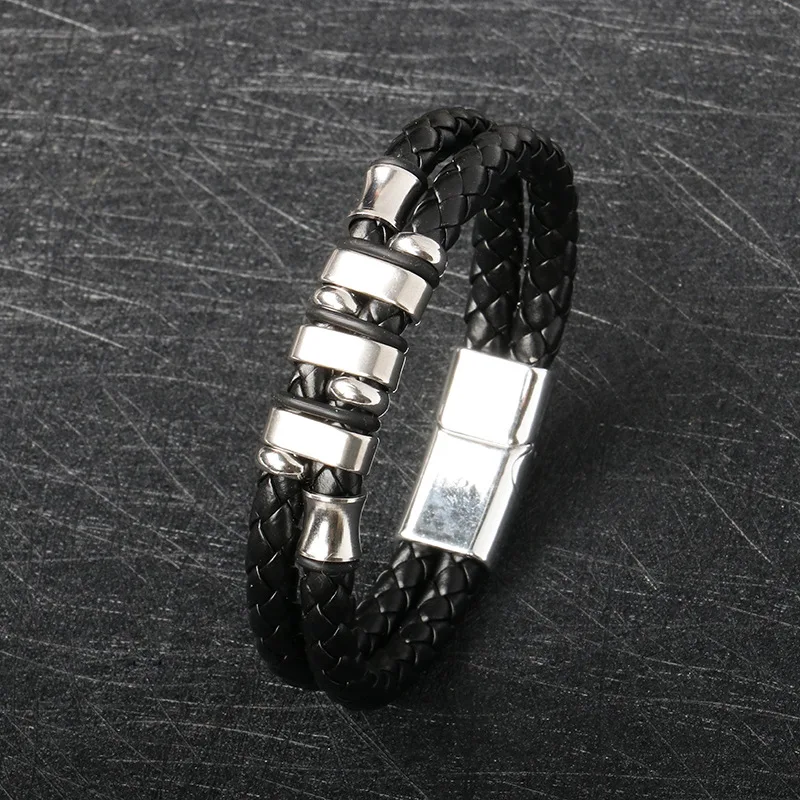 

New Men's Bracelet Braided Leather Bracelet Double Layer Bracelet Fashion Titanium Steel Stainless Bracelet for Christmas Gift