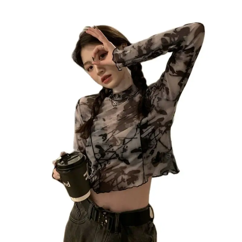 

Женская короткая блузка с поясом и длинным рукавом, летняя стильная тонкая нижняя рубашка, сетчатая Солнцезащитная футболка с длинным рука...