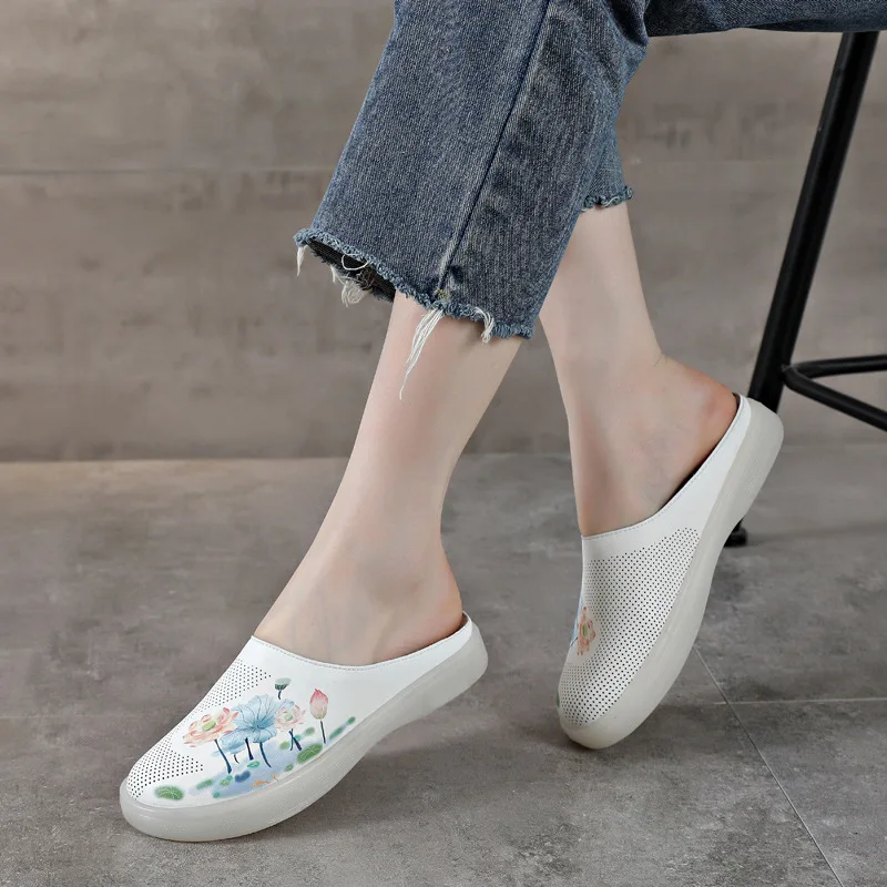 Slippers Women's Toe Wearing 2023 New Leather Flat Bottom Openwork Semi-drag Sandals Casual Mom Shoes Simple Single Shoe Women