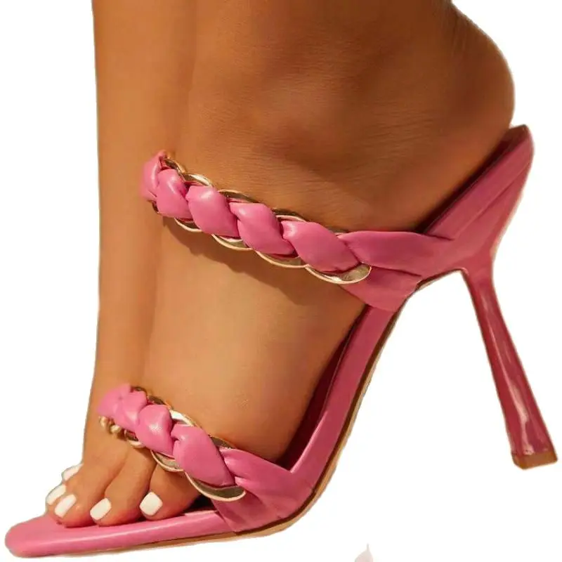 

Summer 2022 New Sexy Wine Glass With Round Head Metal Chain Slippers Women's Large Size Outer Wear Woven High-Heeled Sandals