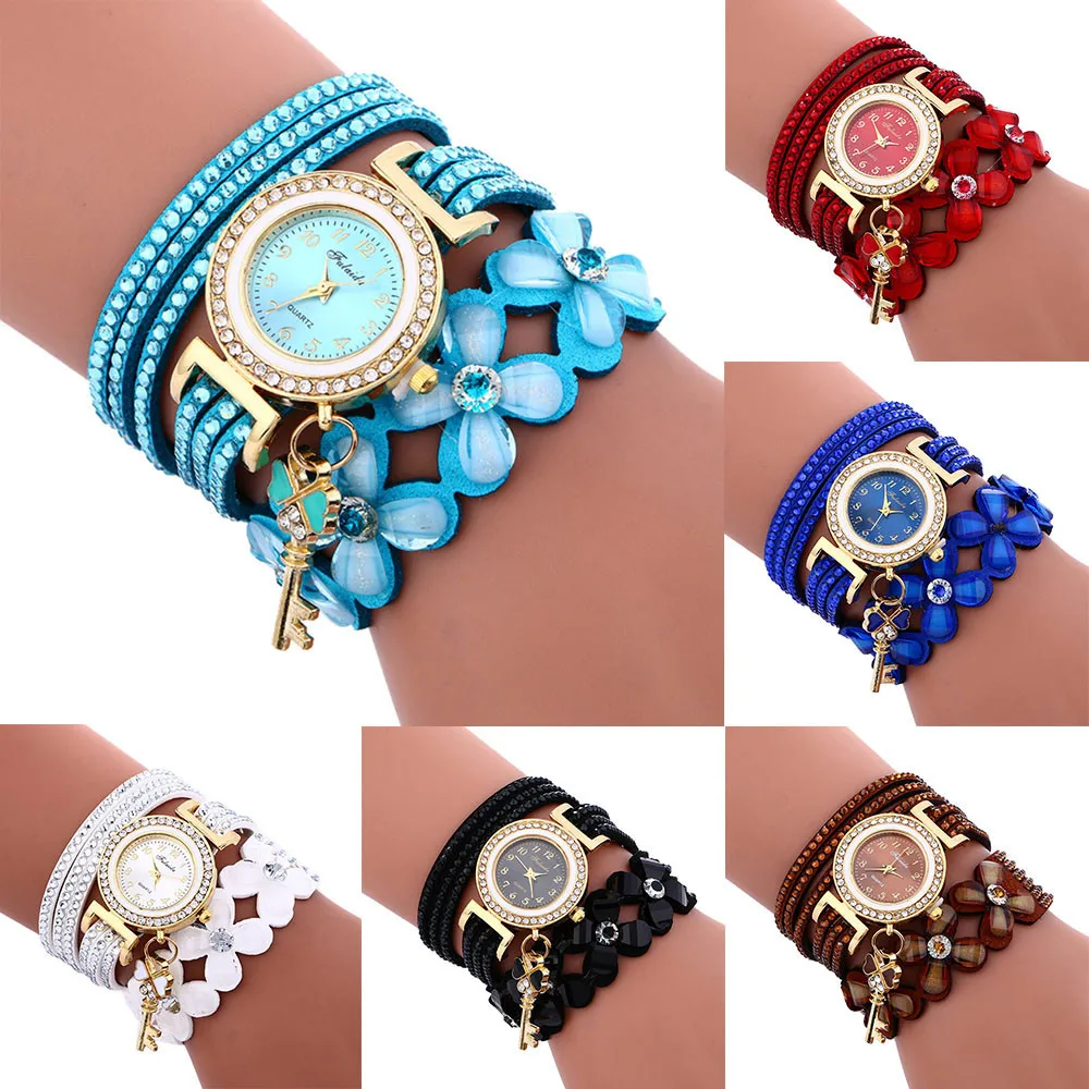 

Brand Fashion Women Flower Crystal Clock Quartz Watch Casual Luxury Leather Rhinestone Bracelet Watch Relogio Feminino