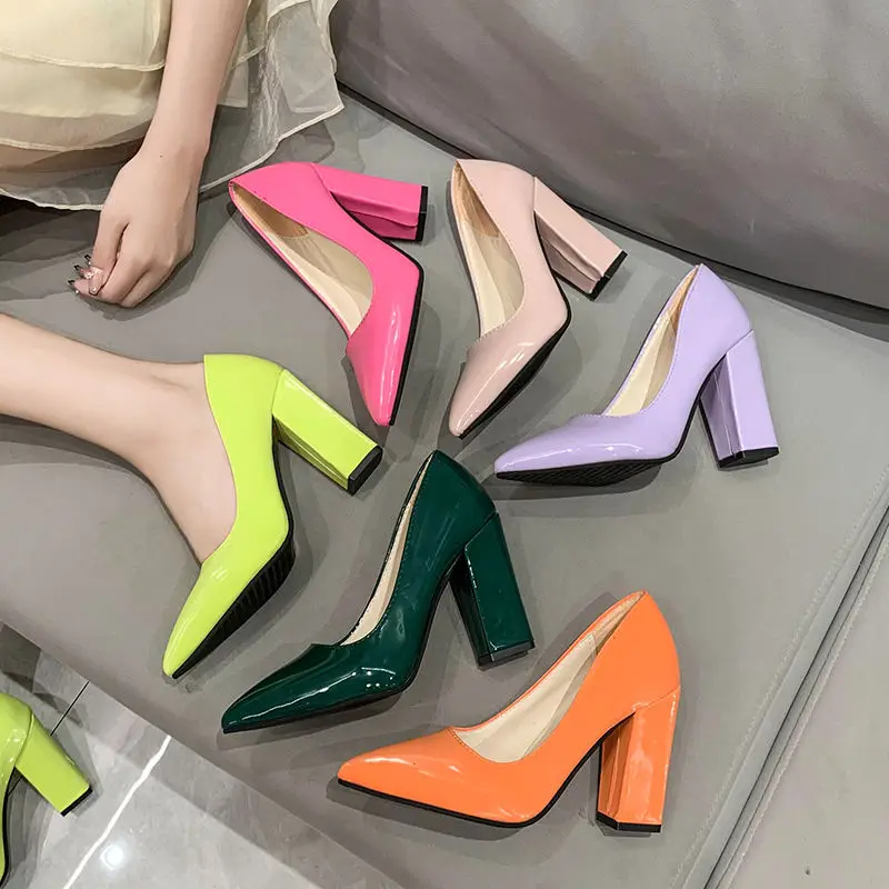 

Shoes for Woman 2023 Normal Leather Casual Women's Summer Footwear Pointed Toe Square Heels Super High Heel Green Pink Stylish A