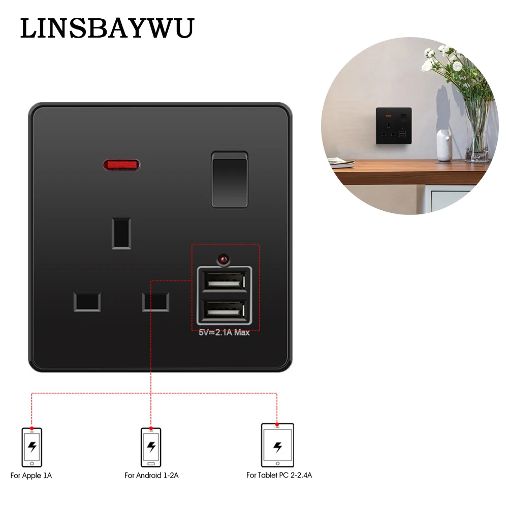 

Double Wall Plug Socket 1/2 Gang 13a British Switch Socket With 2 Usb Charger Port Outlet Black Plate Uk Electrical Accessories