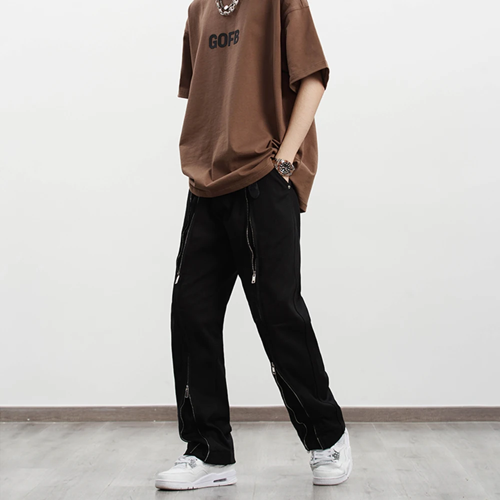 Four Seasons Men's Jeans Zipper Design Straight Pants Trend Korean Men's Pants Hip Hop Straight Wide Leg Pants Mens Pants Zipper
