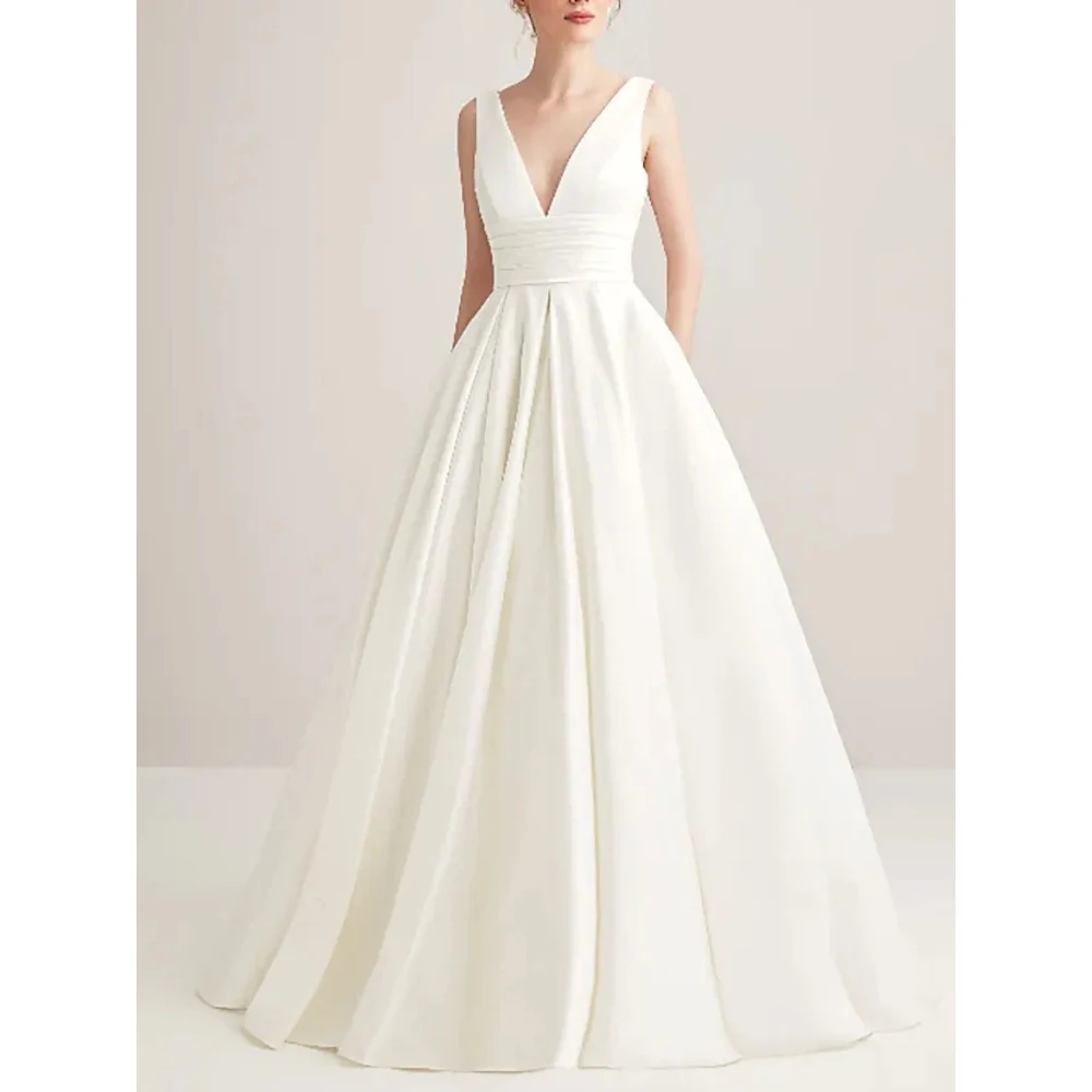 

Simple Long Wedding Dress for Women Bride 2023 V-Neck Backless Floor-Length Sweep Train A-Line Party Vestido De Noiva Robe New