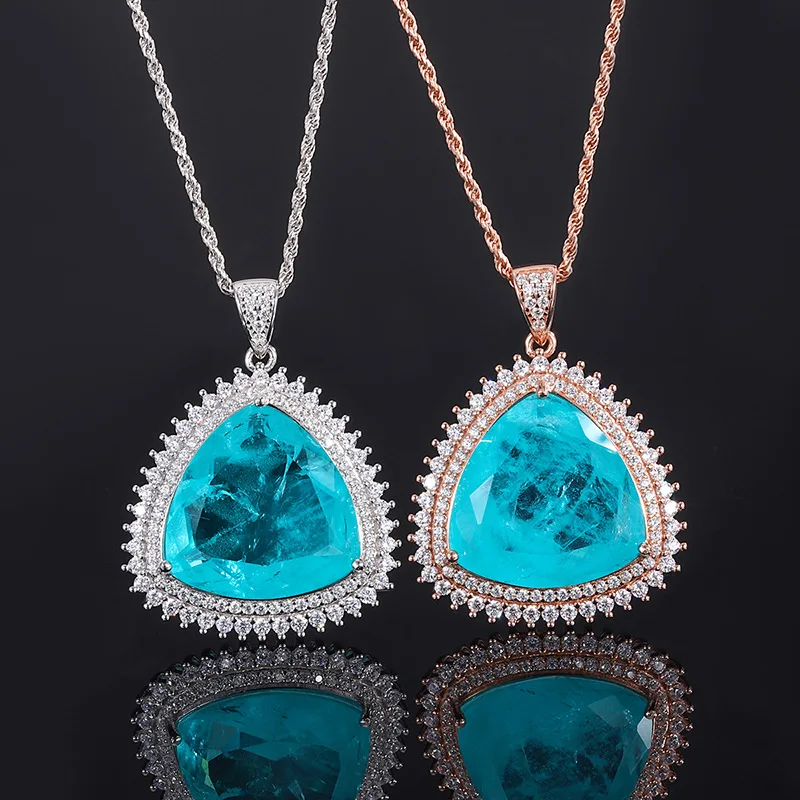 

Изящная треугольная турмалиновая подвеска Paraiba, цепочка из розового золота, серебро 925 пробы, ожерелье для женщин, роскошные аксессуары, подарок