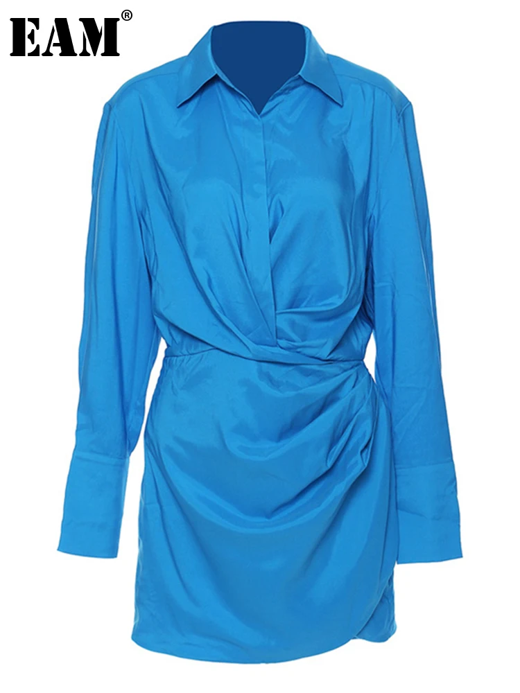 

[EAM] Women Blue Pleated Irregular Casual Shirt Dress New Lael Long Sleeve Loose Fit Fashion Tide Spring Autumn 2022 1DE1682