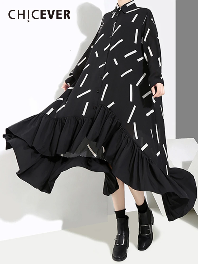 

CHICEVER Black Print Dresses For Women Lapel Long Sleeve High Waist Irregular Ruched Hem Casual Dress Female 2023 Spring New