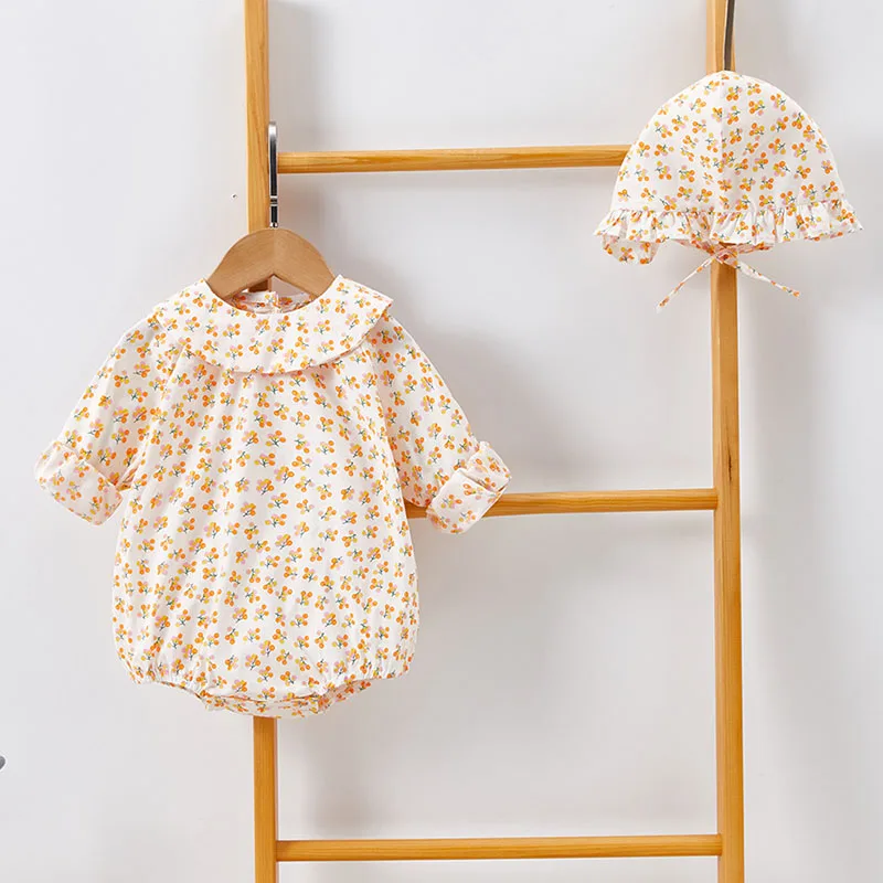 

Autumn Spring Baby Girl Clothing Infant Baby Girls Jumpsuit+Hat Cotton Long Sleeve Flower Printing Toddler Baby Girl Romper
