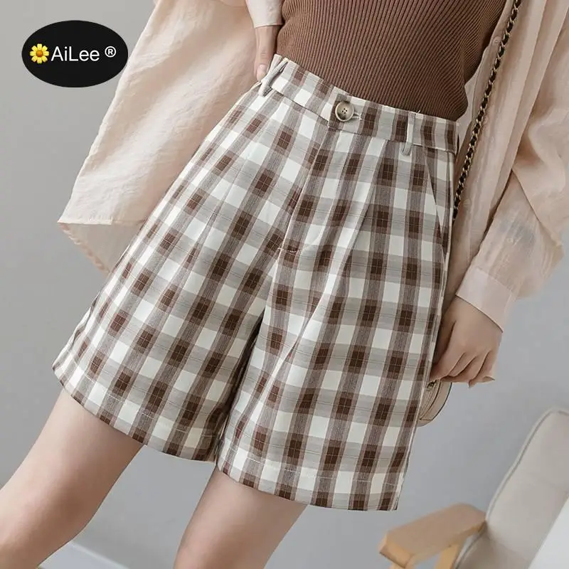 New 2021 Summer Autumn Women Shorts Wide Leg High Waist Fashion Plaid Girl Students Checkered Lady Shorts Holiday Vacation