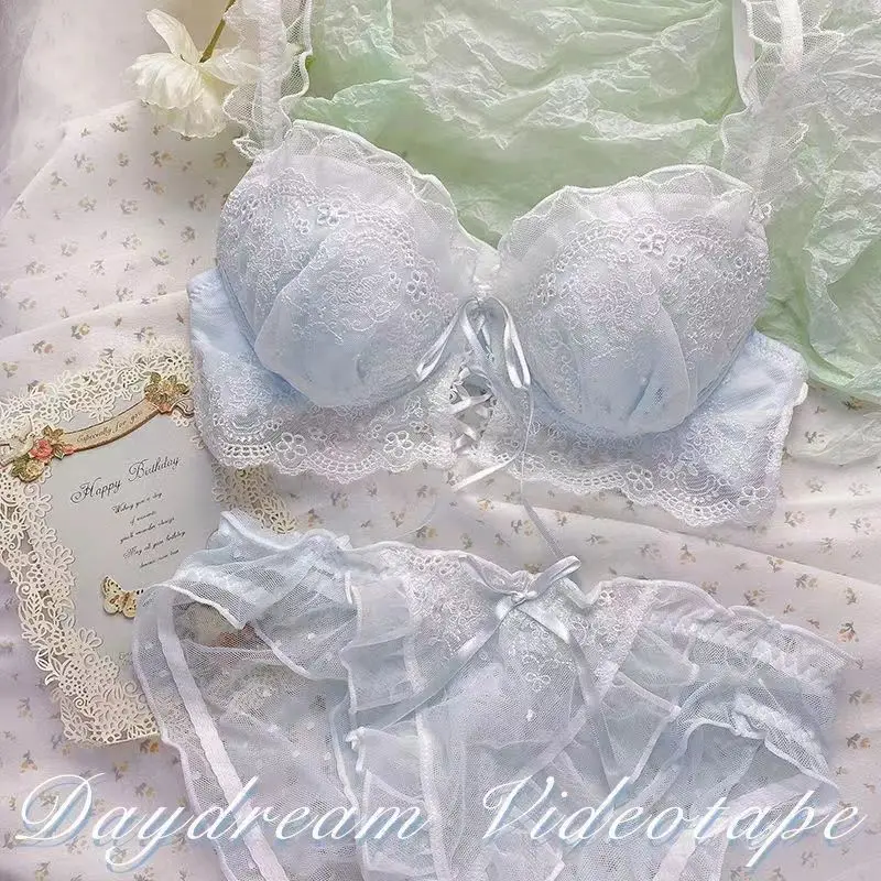 Lace bra and panty sets champagne Japanese gathered lace mesh sexy bra set women's underwear cute fairy cute lingerie lolita