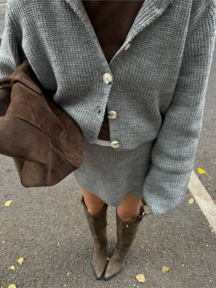 Однотонный вязаный комплект из 2 предметов женский однобортный кардиган с