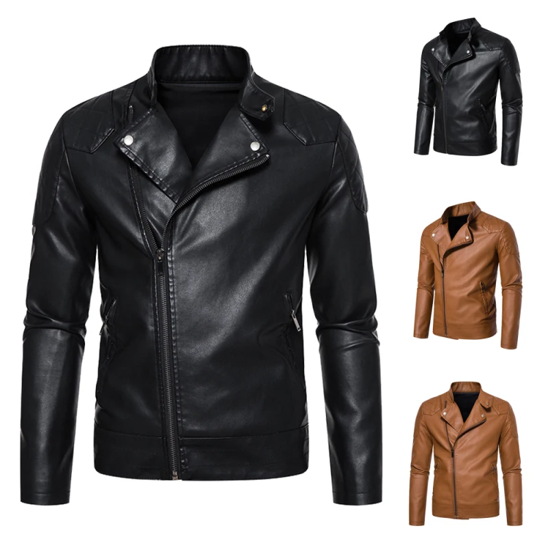 

Male Leather Jacket Men's Bomber Motorcycle Leather Jackets Spring/Autumn Faux Pu Inclined Ourwearing Lapel Slim Coats