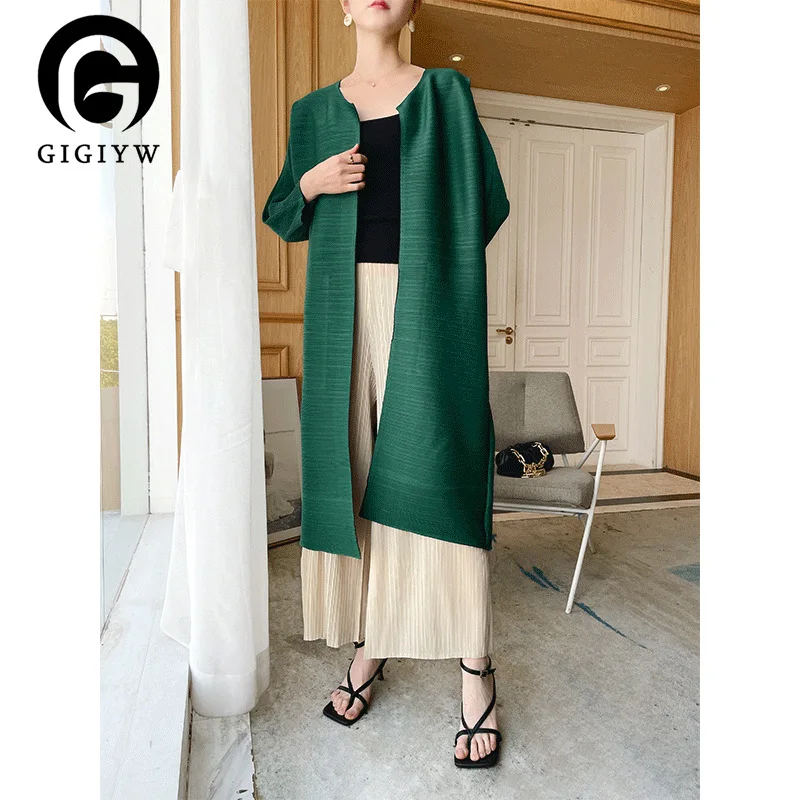 

GIGIYW Double Silk Oversized Coat Large Leisure Premium Korean Slim Trench Long Pleated Loose Fit Women Autumn 2022 New ZZ183