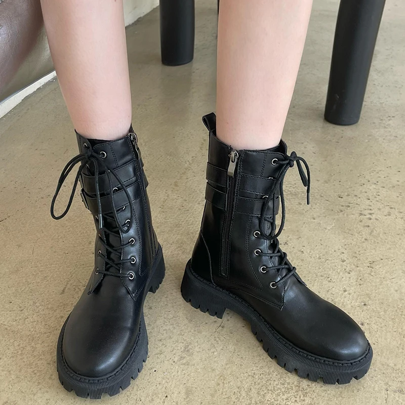 

2022 Fashion Lace Up Women Short Boots Buckle Elegant Female Casual Outdoor Shoes Round Toe Zippers Ankle Boots For Ladies