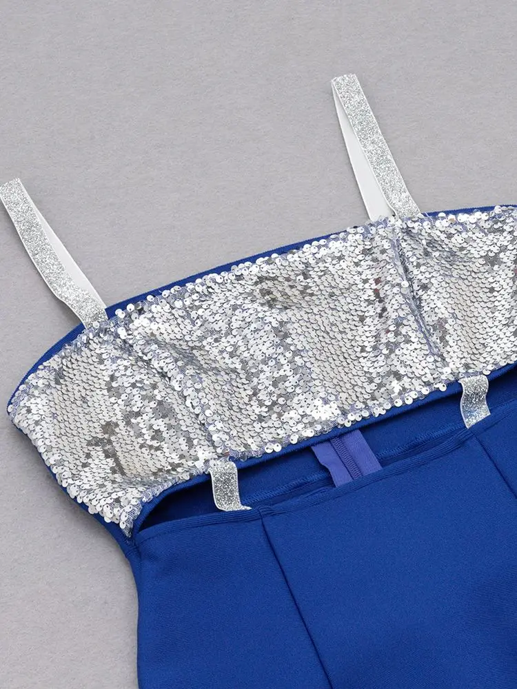 Женское Бандажное платье миди с блестками синее облегающее на бретелях-спагетти