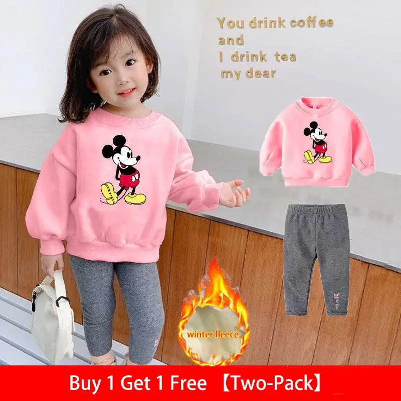 

Disney Kids Plus Cashmere Top Pants Two-Piece Winter Warm Suit Cartoon Pattern Mickey Solid Color Sweatshirt Children's Clothing