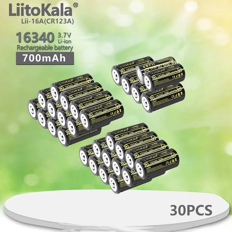 

30PCS LiitoKala Lii-16A 16340 Rechargeable Battery 700mAh 3.7V Lithium Li-ion CR123A For LED Flashlight Arlo Security Camera L70