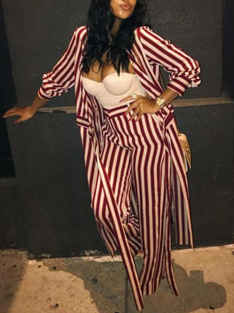 

Seedtotree Stripes Print Open Front Long Shirt Tops & Pants Set Women Casual Two Piece Set Outfits Workwear