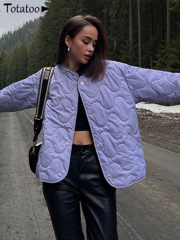 

Totatoop Winter Thick Cotton Oversize Coats Women 2022 Buttons Up Loose Parkas Stand Collar Office Lady Leisure Jackets Purple