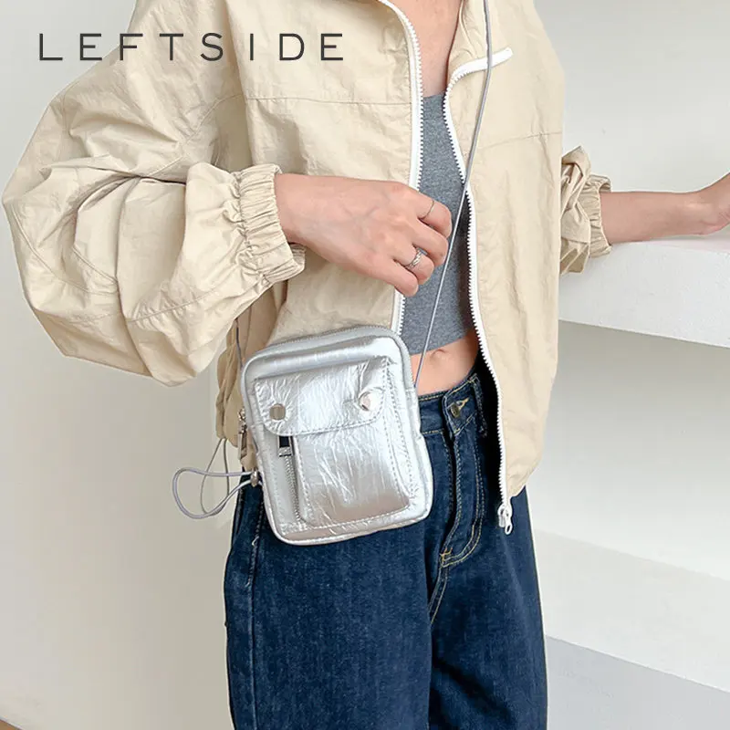 

LEFTSIDE Y2K Cute Silver Leather Mini Crossbody Bags for Women 2023 Luxury Brand Phone Purses Female Lipstick Coin Bag