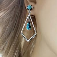 creative teardrop blue stone boho earrings silver color long metal geometry hollow hook dangle earrings women party 2022 new