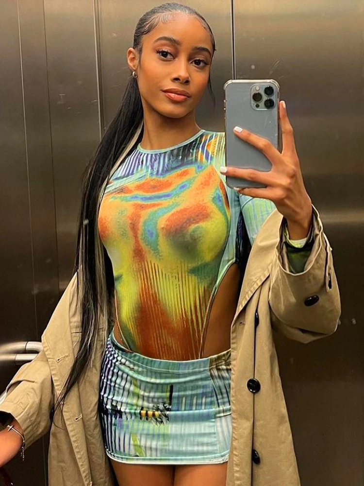 

Bolopi 3D Print Sexy Bodysuit Mini Skirt 2 Pieces 2023 Summer Women Fashion New In Long Sleeve Rave Tees Sets Y2K Outfits
