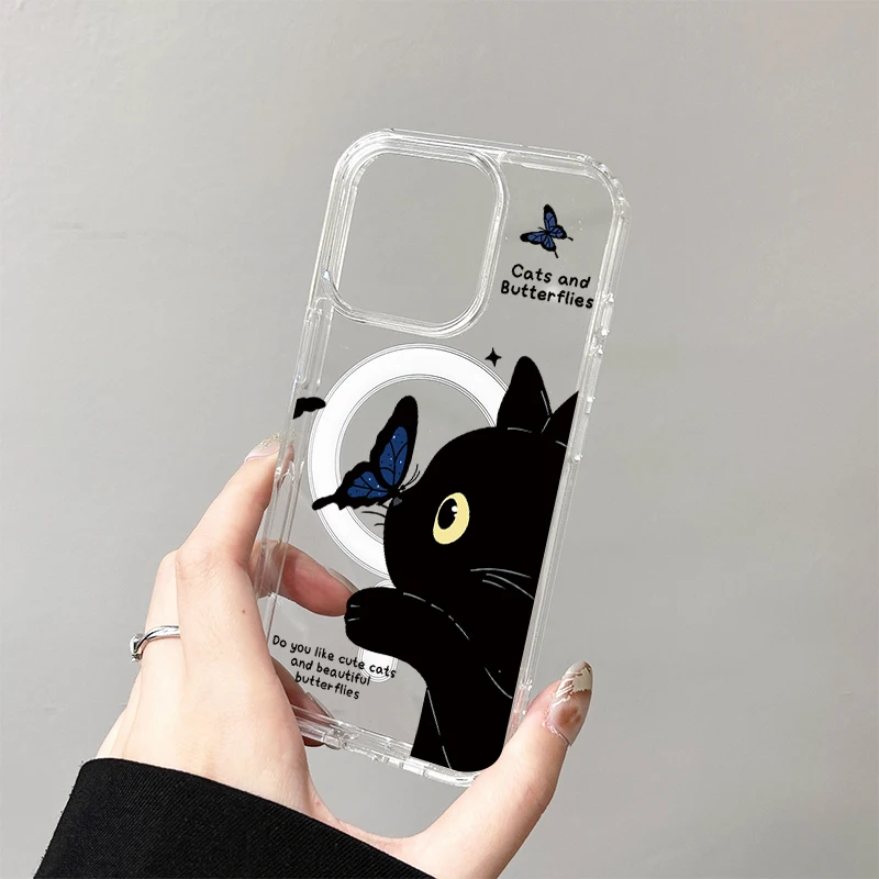 Фото Чехол с беспроводной зарядкой Black White Cat для iPhone 17 Air 16 E 15 14 Plus 13 12 Mini 11 Pro Max, прозрачный силиконовый чехол с краями №5