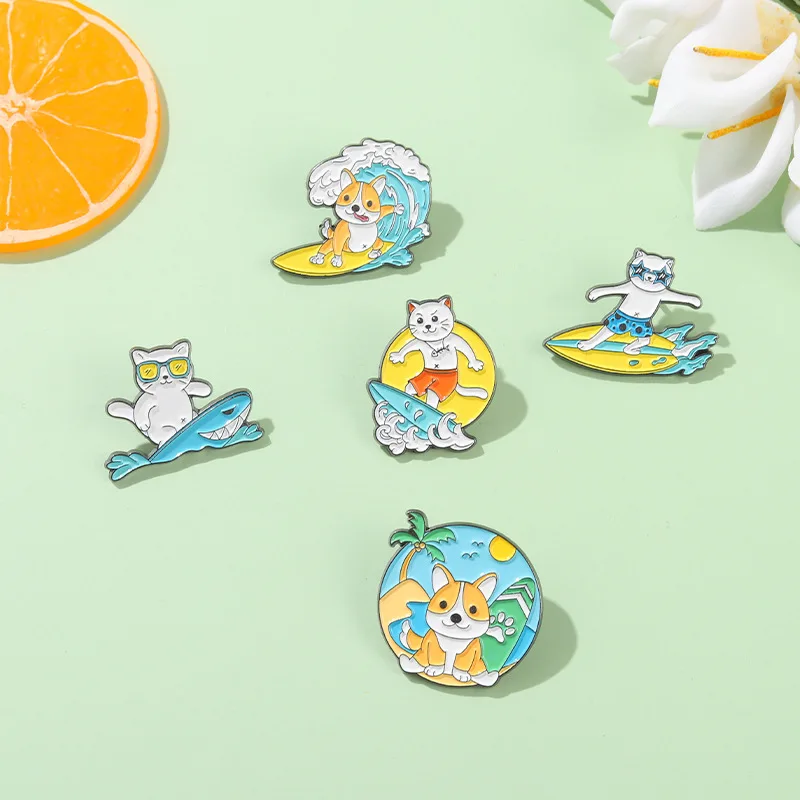 

Animal Surfing Enamel Pins Custom Ocean Motion Cats Dogs Brooches Lapel Pin Shirt Bag Badge Cartoon Sea Jewelry Gift For Friends