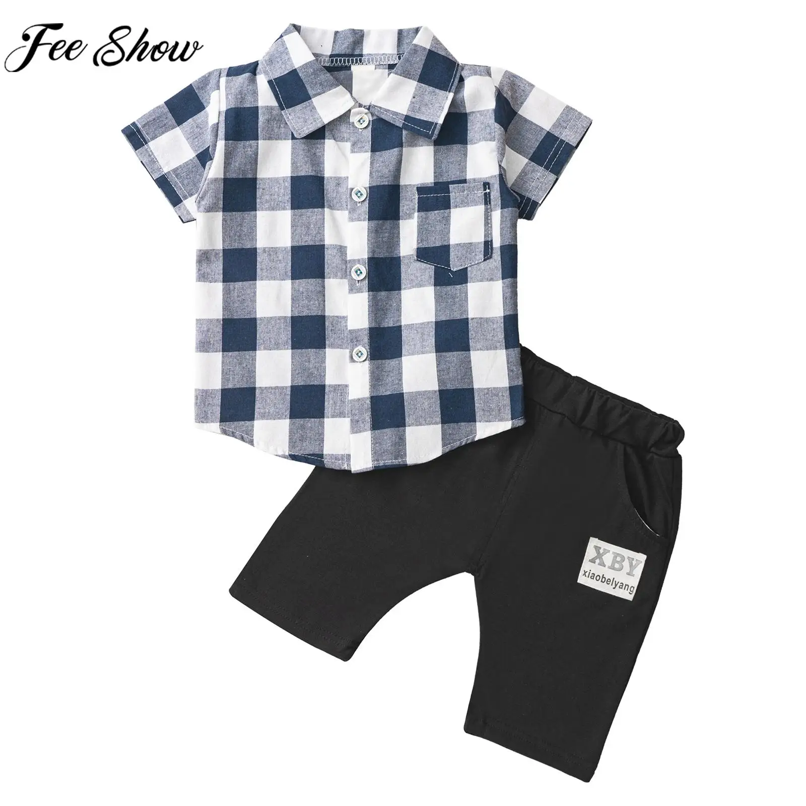 

Baby Boys Summer Casual Clothes Set Short Sleeve Turndown Collar Grid Shirt with Shorts Infant School Preppy Style Clothing