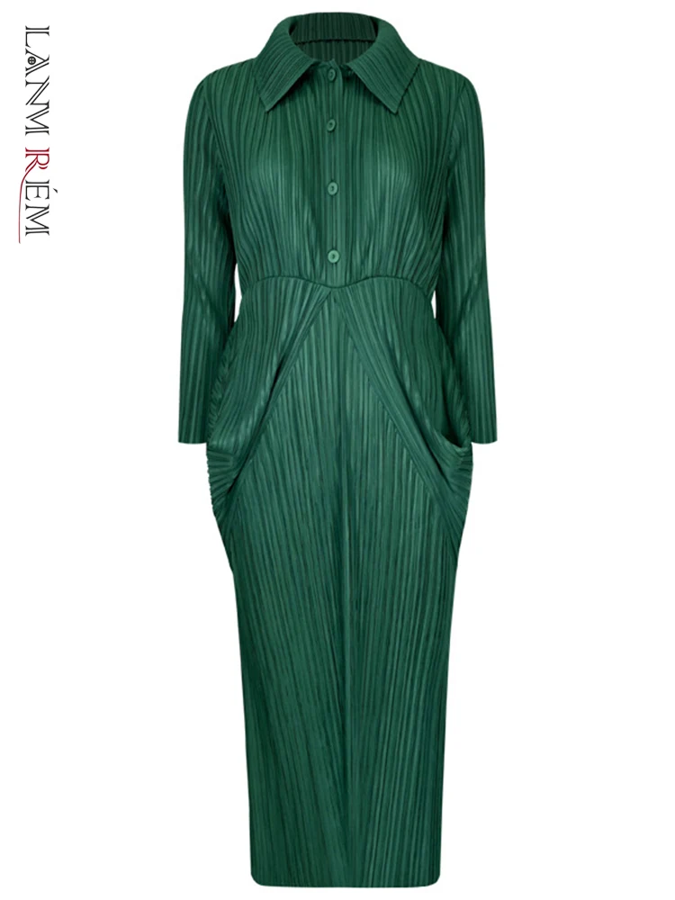 

LANMREM Pleated Full Sleeve Dress For Women Turn-down Collar Medium Length Solid Color Dresses 2023 Spring Female Fashion 2N157