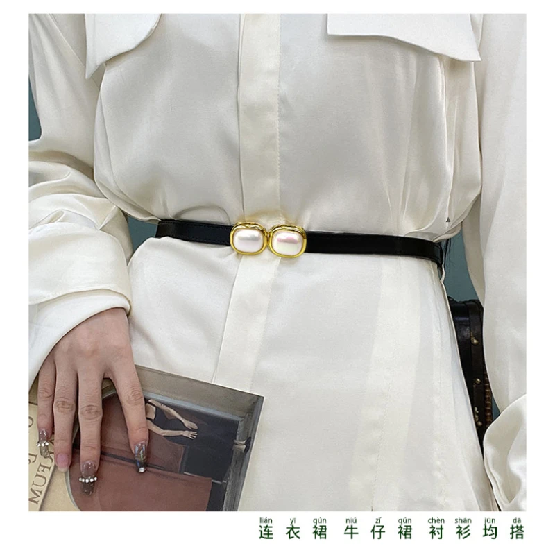 

2022 New Ladies Leather Belt Pearl Buckle Korean Version Versatile Lazy Belt Dress Jeans Decoration Designer Luxury Brand Belt