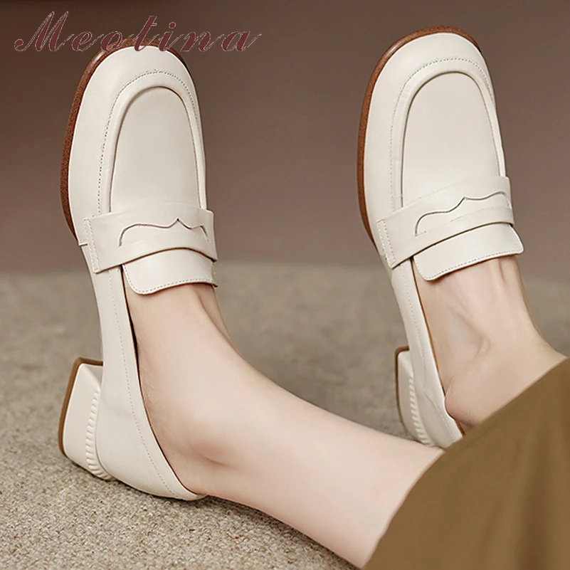 

Туфли Meotina женские из натуральной кожи, лоферы, круглый носок, толстый средний каблук, повседневная обувь, бежевые, коричневые, 40, весна-осень