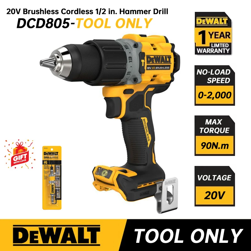 

DEWALT Cordless Hammer Drill/Driver Kit DCD805 Tool Only 20V MAX Brushless 1/2 in Rechargeable Power Tools Impact Drill DCD805B