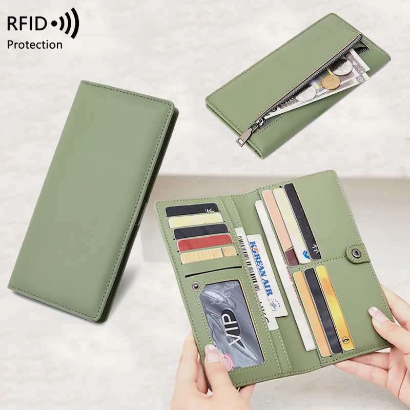 

Женский кошелек с RFID-защитой и щеткой, ультратонкий однотонный розовый и зеленый Кошелек из искусственной кожи на молнии с пряжкой и отделением для кредитных карт