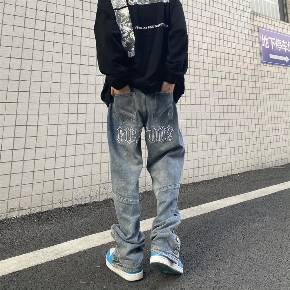 Men Jeans American High Street Loose Straight Hip Hop Jeans Embroidered Button Slit Wide Leg Casual Pants Ins Hot Hip Hop Jeans