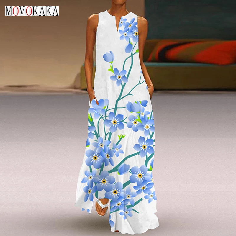 

MOVOKAKA Ladies Spring Summer White Long Dress Loose Sleeveless V-neck Flowers Print Elegant Dresses Party Boho Beach Maxi Dress