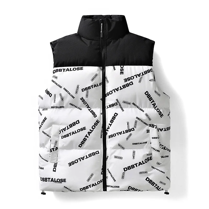 

Autumn and Winter Patchwork Loose Sleeveless Parkas Jacket Men 5XL Korean Harajuku Hip Hop Zipper Thicken Warm Coats Streetwear