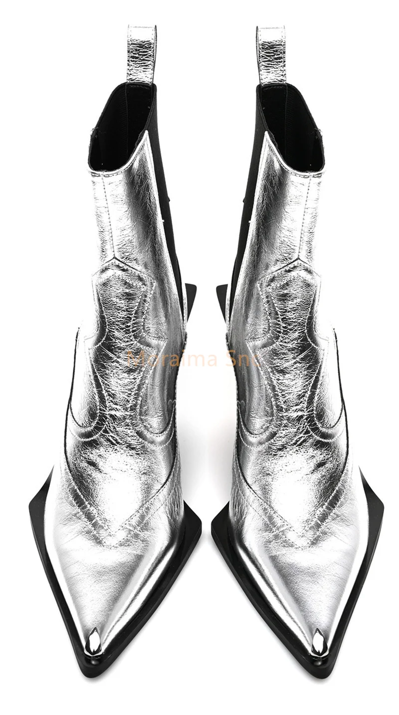 British Style Women Shoes Pointed Toe Black Wedge Chelsea Boots Chunky Heel Elastic Silver Sleeve Booties 2022 Autumn Winter