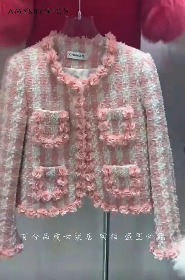 Heavy Industry Three-Dimensional Flower Thickened Coat for Women Winter Crew Neck Tweed Plaid with Cotton Ladies Tweed Jackets
