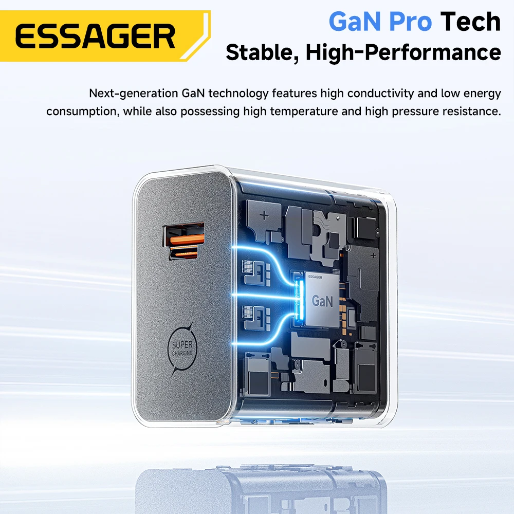 Фото Зарядное устройство ESSAGER 65W GaN 2-в-1 USB Type-C: полностью совместимое, быстрая зарядка для iPhone 17, Samsung S26, MacBook, ноутбуков Huawei №5