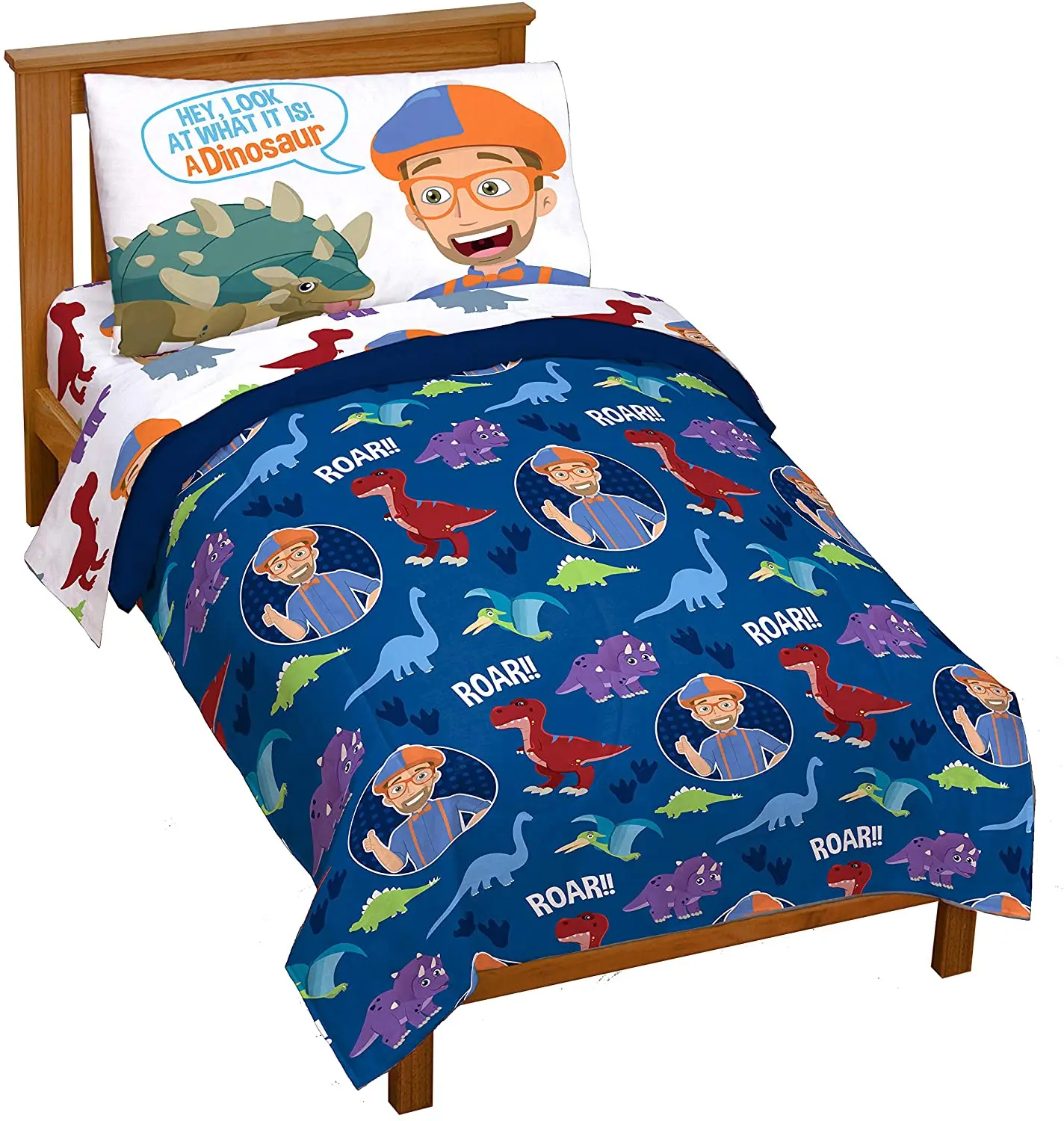 

Blippi Dino Fun 4 Piece Toddler Bed Set, 100% Microfiber, Blue, Kids Bedding