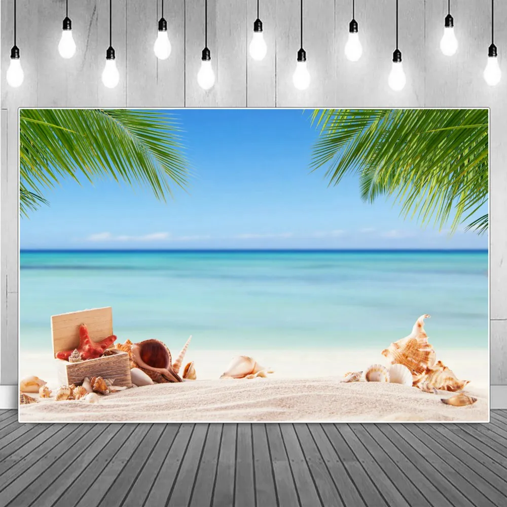 

Close Shot Sands Shells Conches Tropical Leaves Birthday Decoration Photography Backdrops Blue Seaside Beach Party Backgrounds
