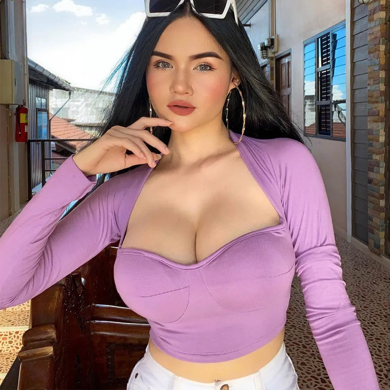 

solid color long sleeve bodycon woman tshirts square collar low cut crop top t shirt for women fashion tee tops Korean style