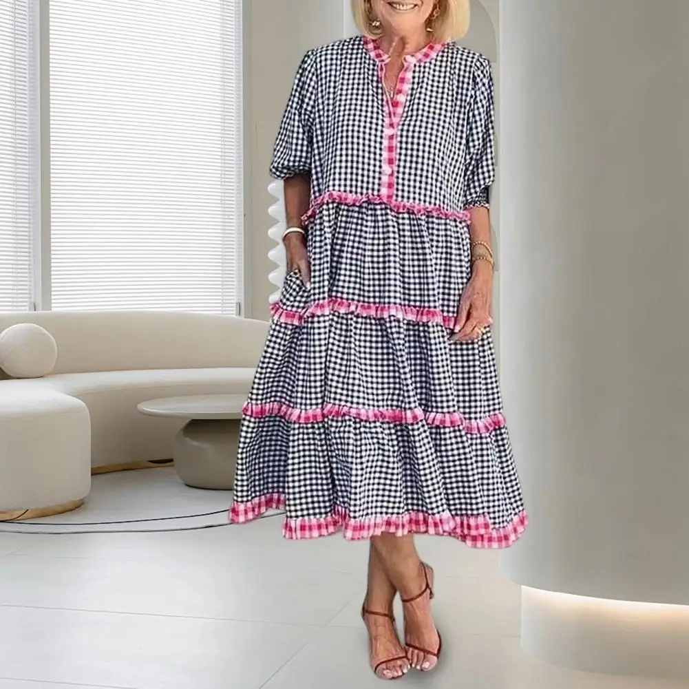 

Casual Dress Lantern Sleeves Pullover Dress Mid-aged Mother Plaid Print Ruffle Hem Dress