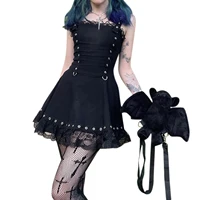 women dark gothic sleeveless suspender mini flowy dress harajuku metal eyelet buckle strap lace trim a line clubwear